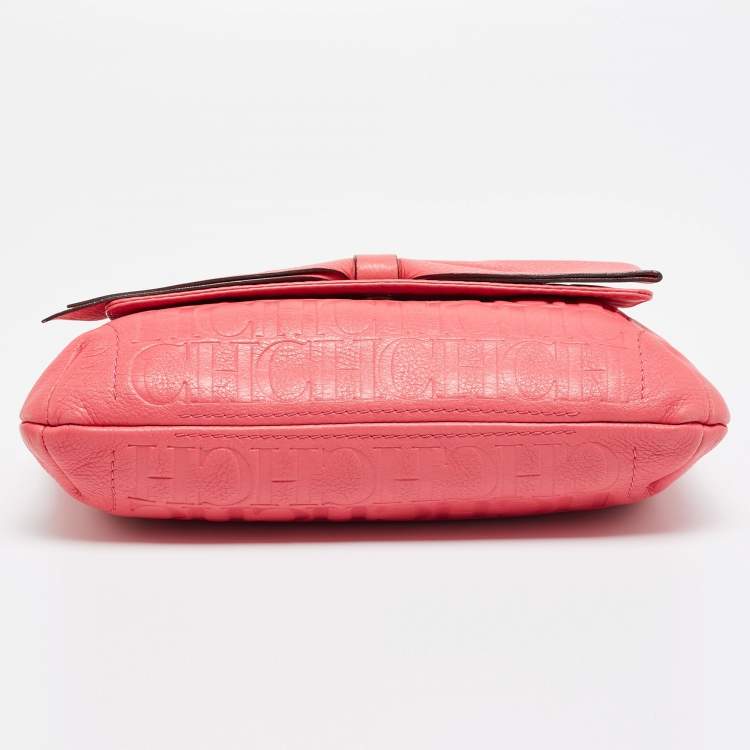 Pre Owned Carolina Herrera Pink Monogram Embossed Leather Audrey Shoulder Bag