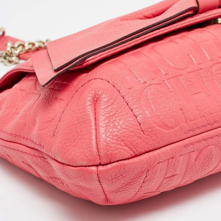 Pre Owned Carolina Herrera Pink Monogram Embossed Leather Audrey Shoulder Bag