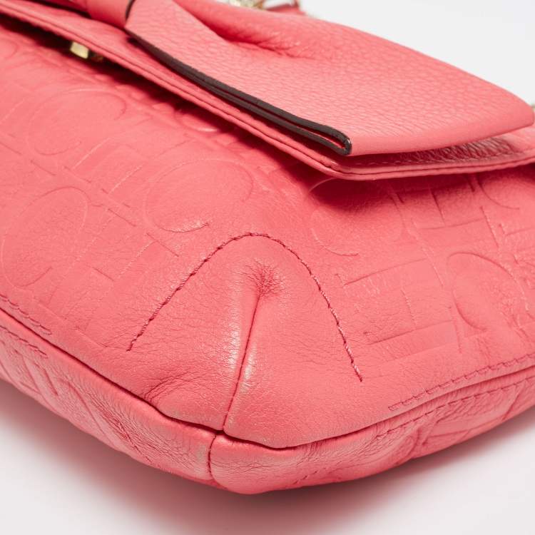 Pre Owned Carolina Herrera Pink Monogram Embossed Leather Audrey Shoulder Bag