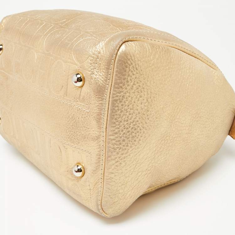 Pre Owned CH Carolina Herrera Shimmer Gold Monogram Embossed Leather Andy Boston Bag