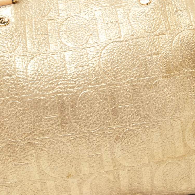 Pre Owned CH Carolina Herrera Shimmer Gold Monogram Embossed Leather Andy Boston Bag