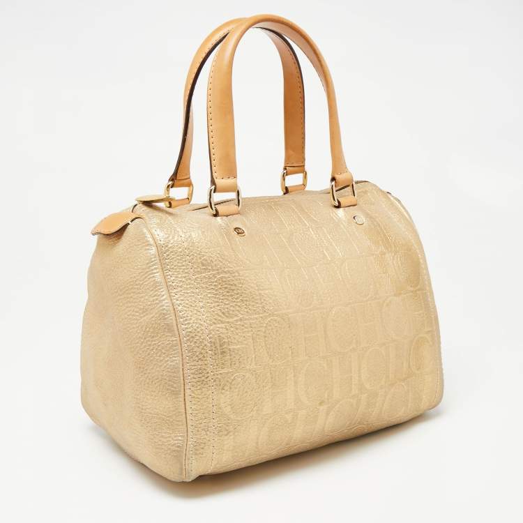 Pre Owned CH Carolina Herrera Shimmer Gold Monogram Embossed Leather Andy Boston Bag