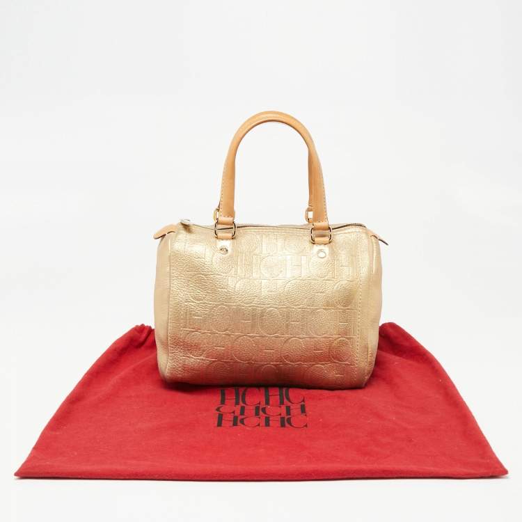 Pre Owned CH Carolina Herrera Shimmer Gold Monogram Embossed Leather Andy Boston Bag