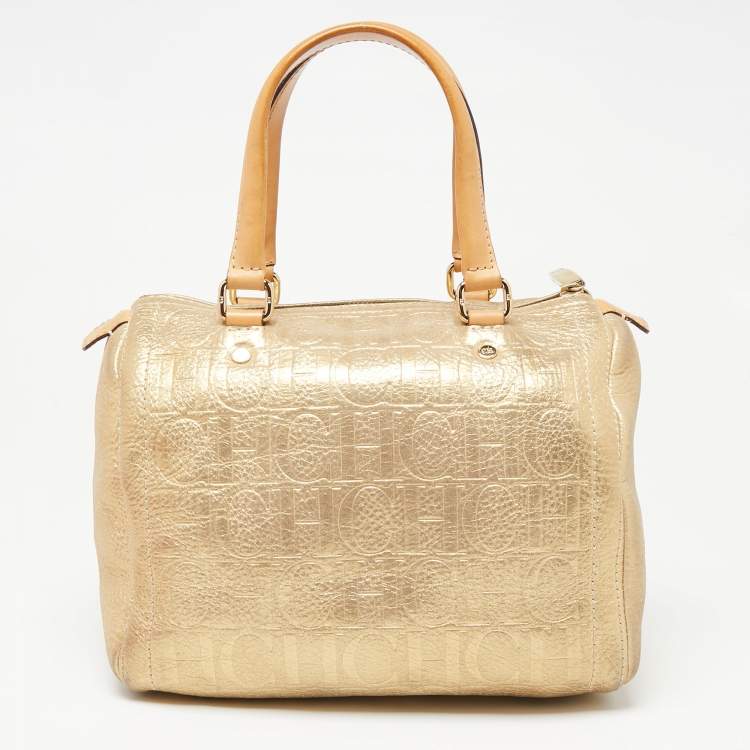 Pre Owned CH Carolina Herrera Shimmer Gold Monogram Embossed Leather Andy Boston Bag