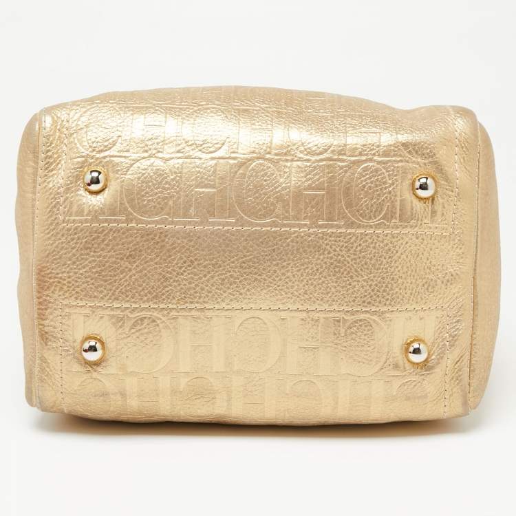 Pre Owned CH Carolina Herrera Shimmer Gold Monogram Embossed Leather Andy Boston Bag