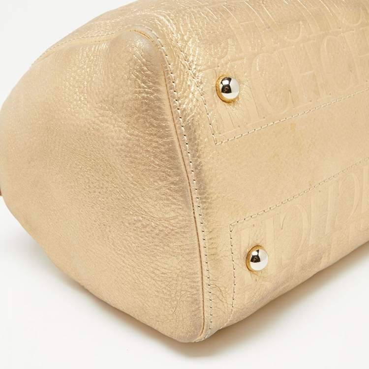 Pre Owned CH Carolina Herrera Shimmer Gold Monogram Embossed Leather Andy Boston Bag