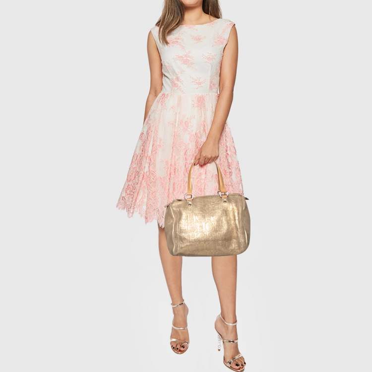 Pre Owned CH Carolina Herrera Shimmer Gold Monogram Embossed Leather Andy Boston Bag