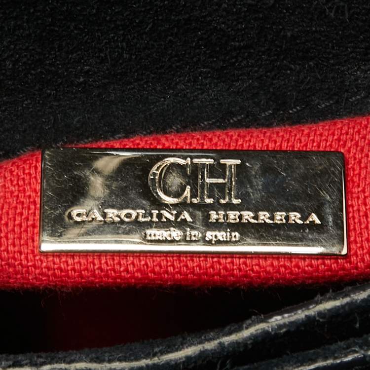 Pre Owned CH Carolina Herrera Black Monogram Embossed Leather Flap Top Handle Bag