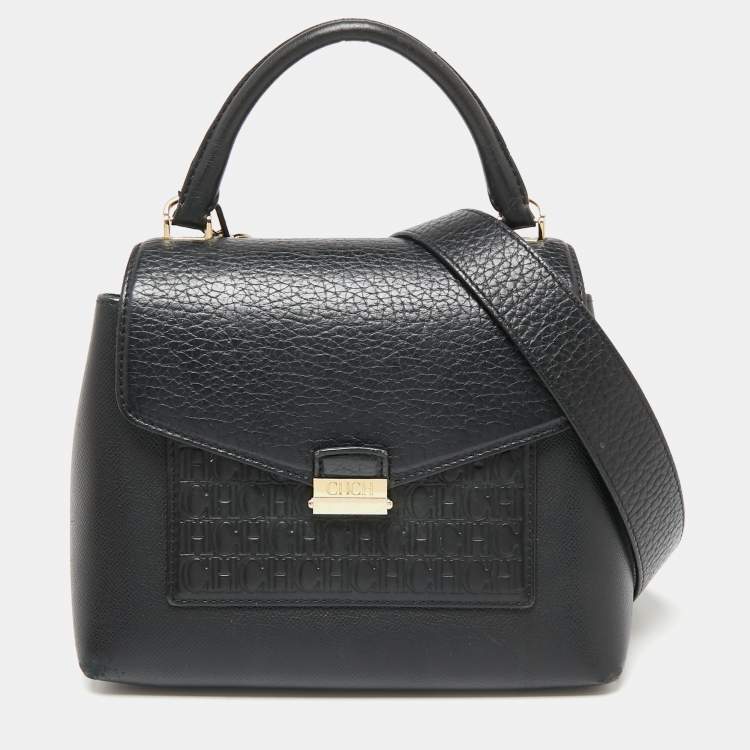 CH Carolina Herrera Black Monogram Embossed Leather Flap Top Handle Bag ...