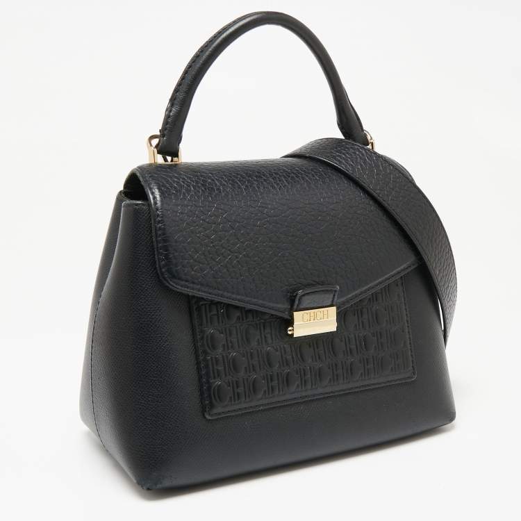Pre Owned CH Carolina Herrera Black Monogram Embossed Leather Flap Top Handle Bag