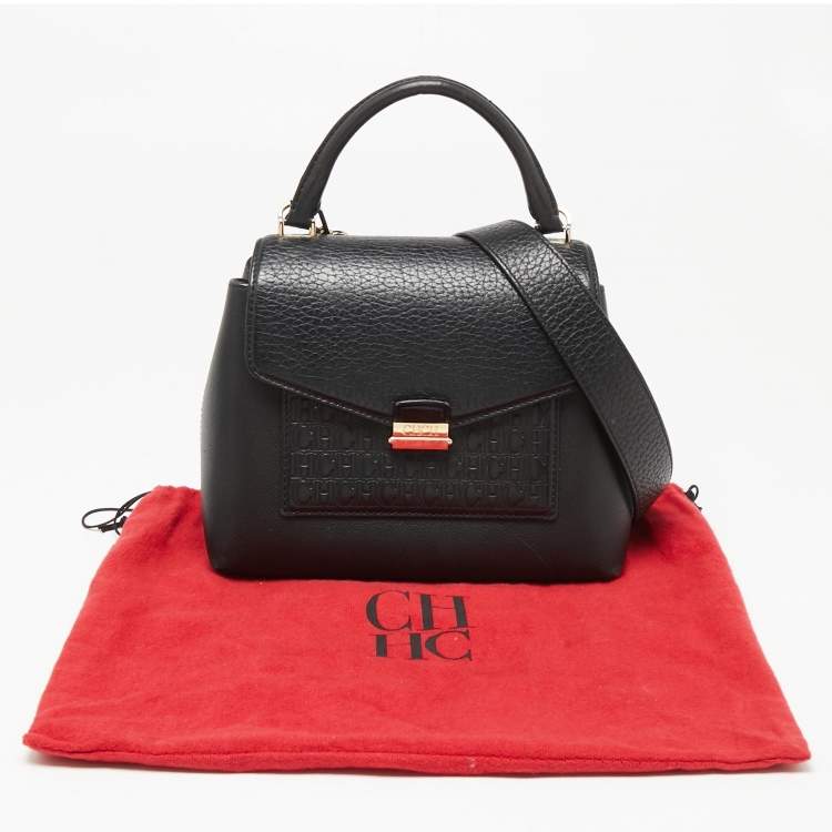Pre Owned CH Carolina Herrera Black Monogram Embossed Leather Flap Top Handle Bag