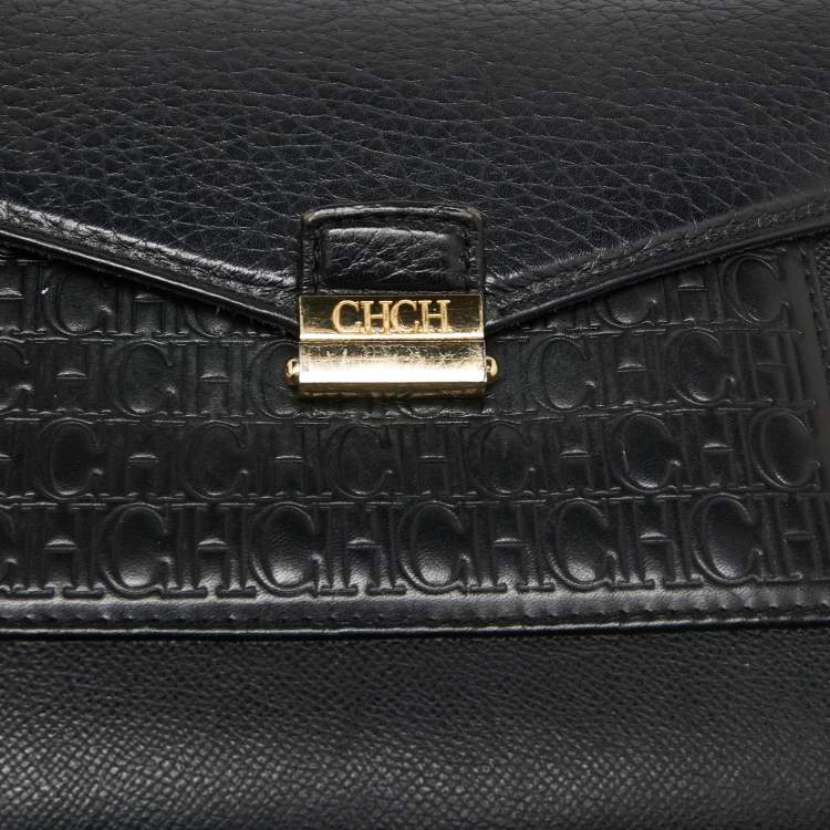 Pre Owned CH Carolina Herrera Black Monogram Embossed Leather Flap Top Handle Bag