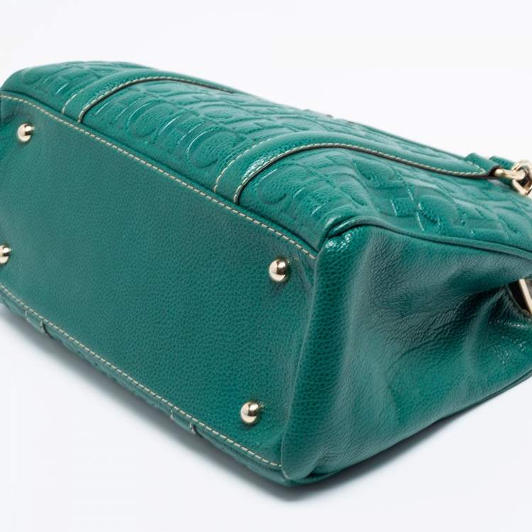Pre Owned CH Carolina Herrera Green Monogram Embossed Leather Matteo Tote