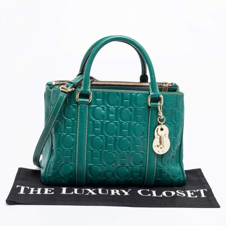 Pre Owned CH Carolina Herrera Green Monogram Embossed Leather Matteo Tote