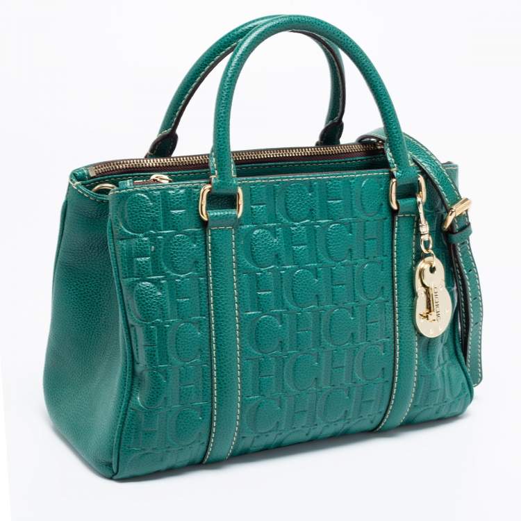 Pre Owned CH Carolina Herrera Green Monogram Embossed Leather Matteo Tote