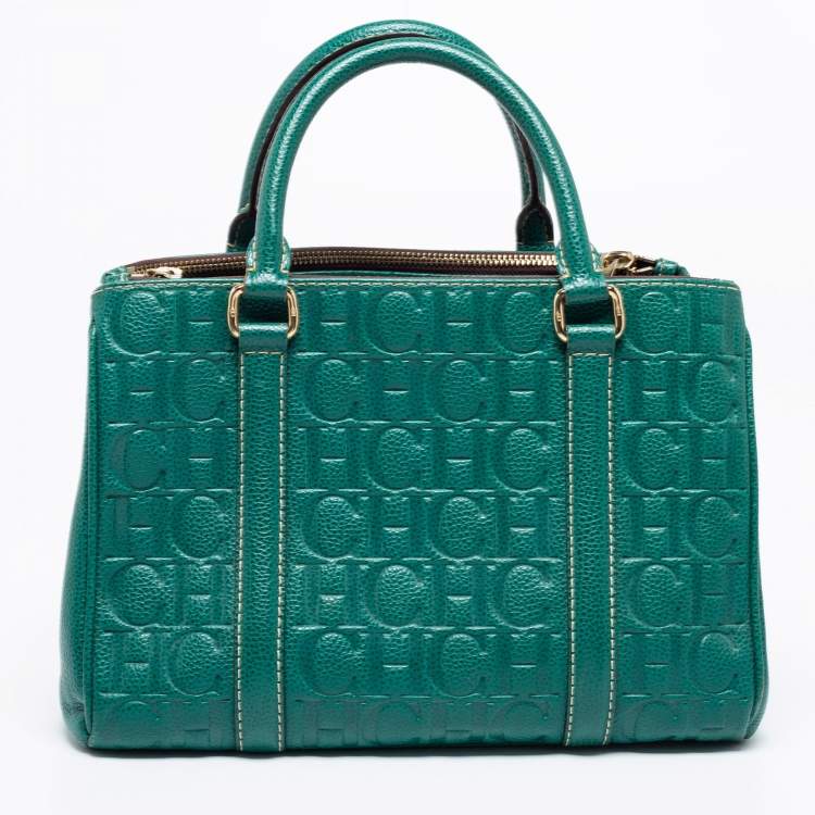 Pre Owned CH Carolina Herrera Green Monogram Embossed Leather Matteo Tote
