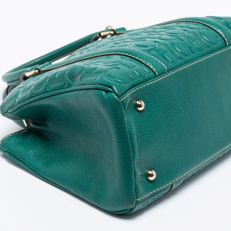 Pre Owned CH Carolina Herrera Green Monogram Embossed Leather Matteo Tote