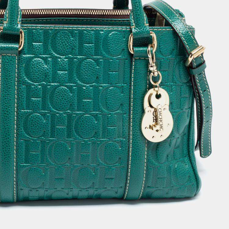 Pre Owned CH Carolina Herrera Green Monogram Embossed Leather Matteo Tote