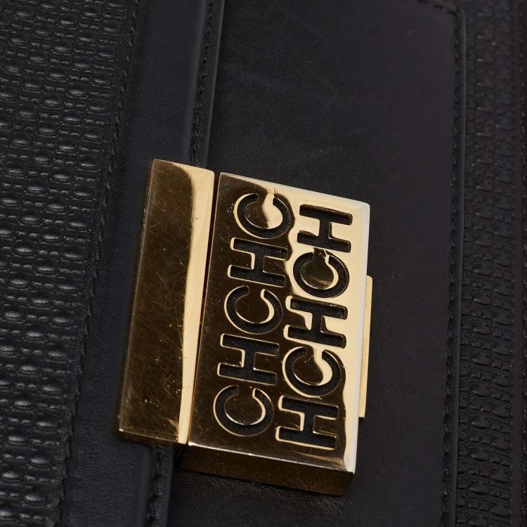 Pre Owned CH Carolina Herrera Black Monogram Embossed Leather Top Handle Bag