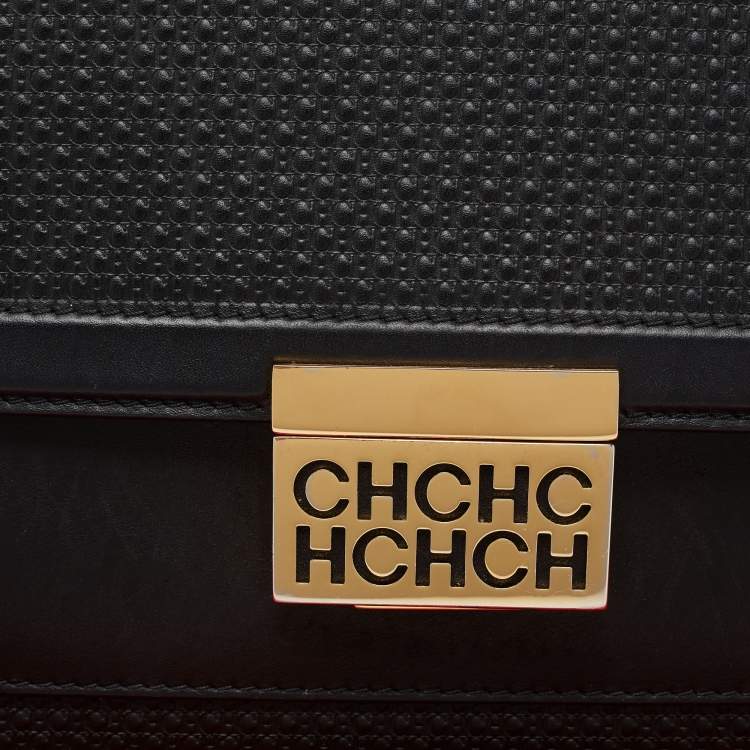 Pre Owned CH Carolina Herrera Black Monogram Embossed Leather Top Handle Bag