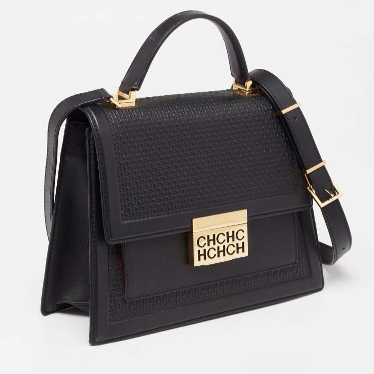 Pre Owned CH Carolina Herrera Black Monogram Embossed Leather Top Handle Bag
