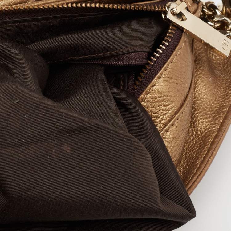 Pre Owned CH Carolina Herrera Metallic Gold Embossed Leather Chain Bow Hobo