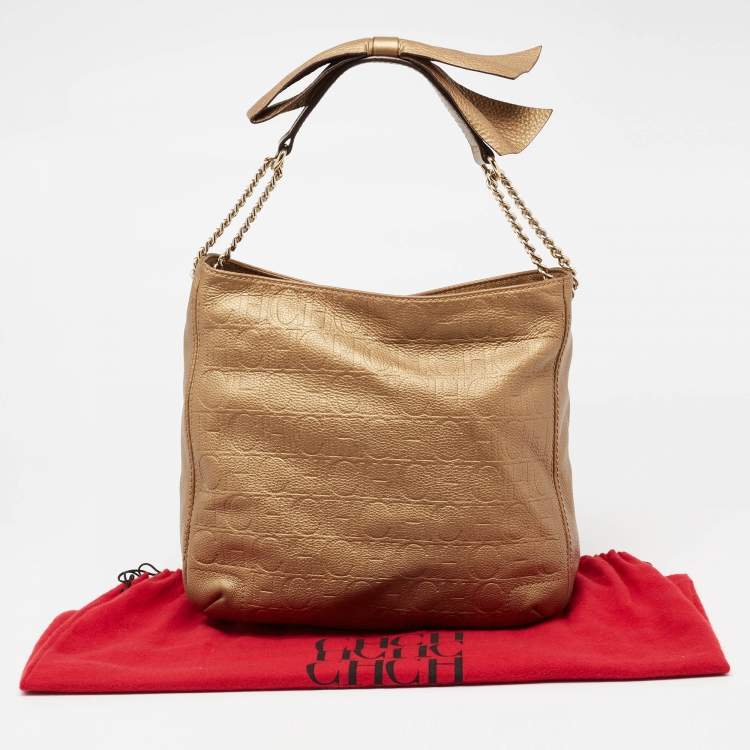 Pre Owned CH Carolina Herrera Metallic Gold Embossed Leather Chain Bow Hobo