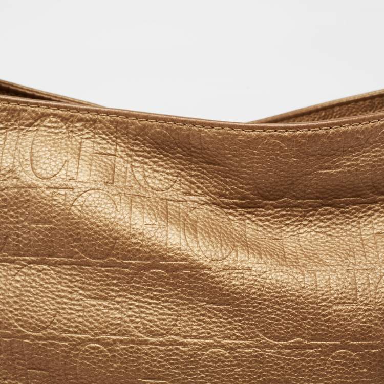 Pre Owned CH Carolina Herrera Metallic Gold Embossed Leather Chain Bow Hobo