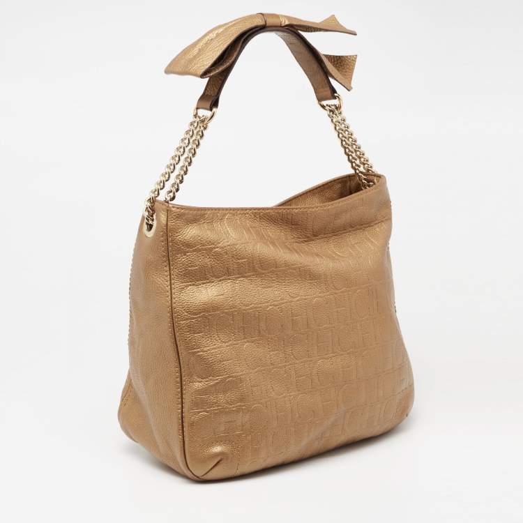 Pre Owned CH Carolina Herrera Metallic Gold Embossed Leather Chain Bow Hobo