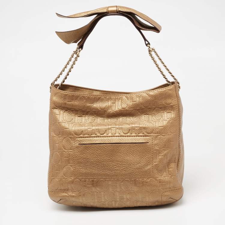 Pre Owned CH Carolina Herrera Metallic Gold Embossed Leather Chain Bow Hobo