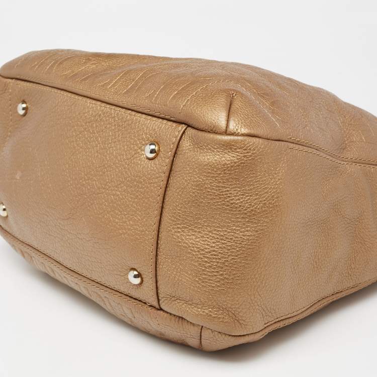 Pre Owned CH Carolina Herrera Metallic Gold Embossed Leather Chain Bow Hobo