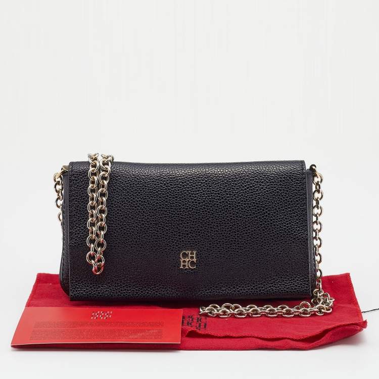Pre Owned CH Carolina Herrera Black Leather Flap Chain Shoulder Bag
