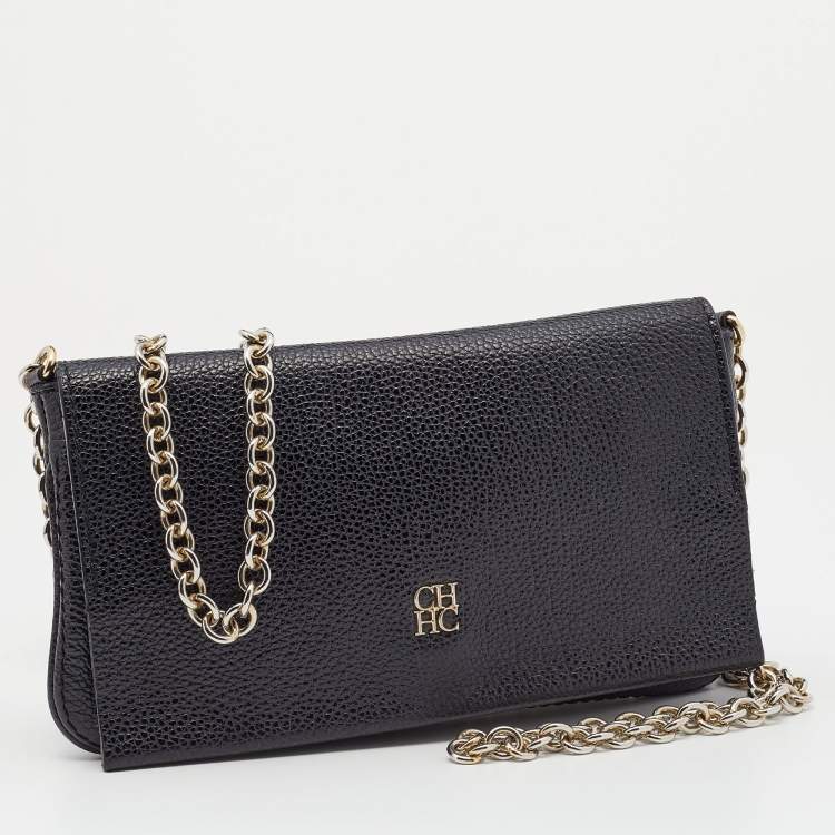 Pre Owned CH Carolina Herrera Black Leather Flap Chain Shoulder Bag