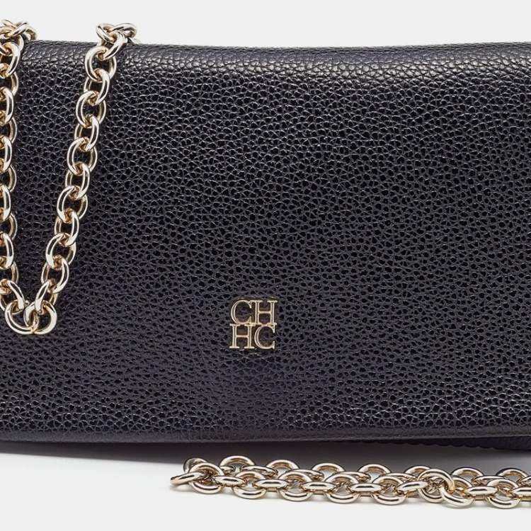 Pre Owned CH Carolina Herrera Black Leather Flap Chain Shoulder Bag
