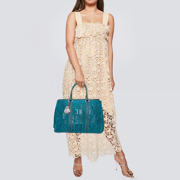 مملوكة مسبقًا CH Carolina Herrera Teal Blue Monogram Embossed Leather Matteo Tote