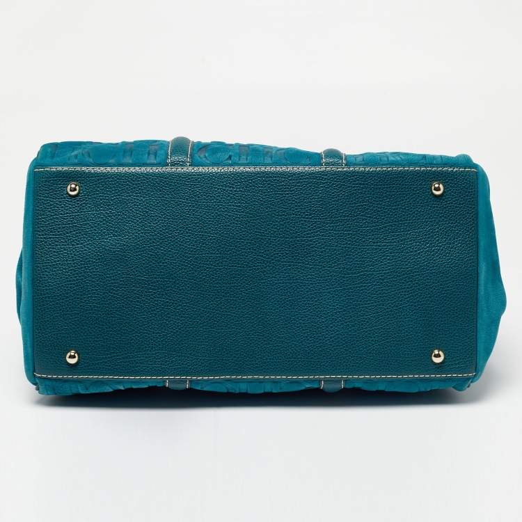 مملوكة مسبقًا CH Carolina Herrera Teal Blue Monogram Embossed Leather Matteo Tote