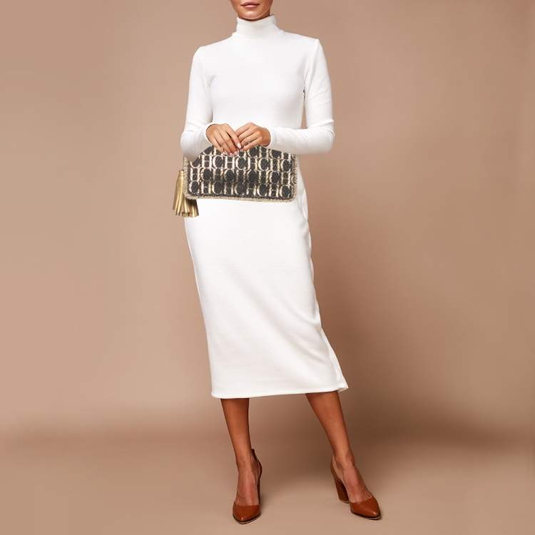 Pre Owned CH Carolina Herrera Gold/Brown Monogram Raffia Tassel Flap Clutch