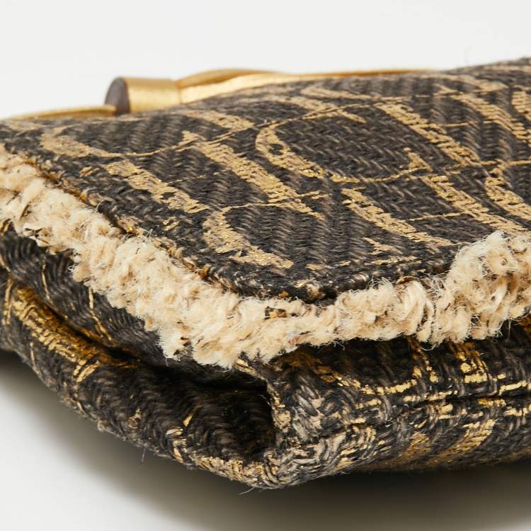 Pre Owned CH Carolina Herrera Gold/Brown Monogram Raffia Tassel Flap Clutch
