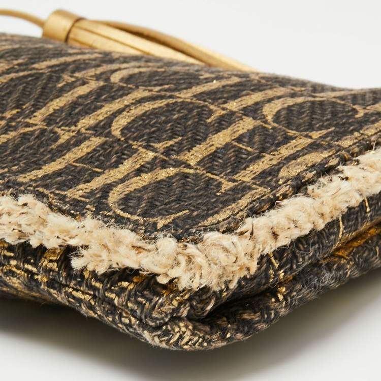 Pre Owned CH Carolina Herrera Gold/Brown Monogram Raffia Tassel Flap Clutch