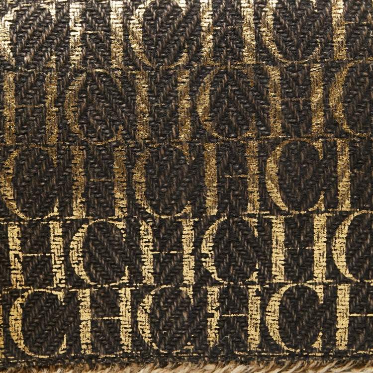 Pre Owned CH Carolina Herrera Gold/Brown Monogram Raffia Tassel Flap Clutch
