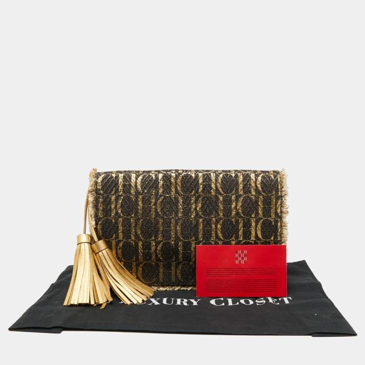 Pre Owned CH Carolina Herrera Gold/Brown Monogram Raffia Tassel Flap Clutch