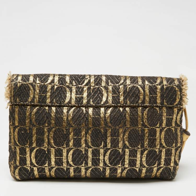 Pre Owned CH Carolina Herrera Gold/Brown Monogram Raffia Tassel Flap Clutch