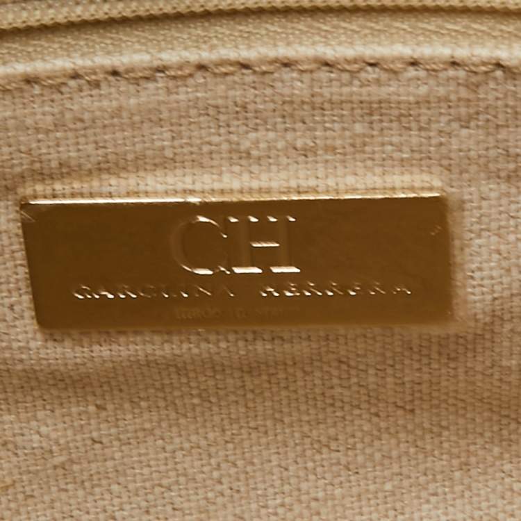 Pre Owned CH Carolina Herrera Gold/Brown Monogram Raffia Tassel Flap Clutch