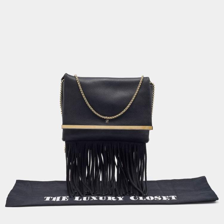 مملوكة مسبقًا CH Carolina Herrera Black Leather Fringe Chain Shoulder Bag