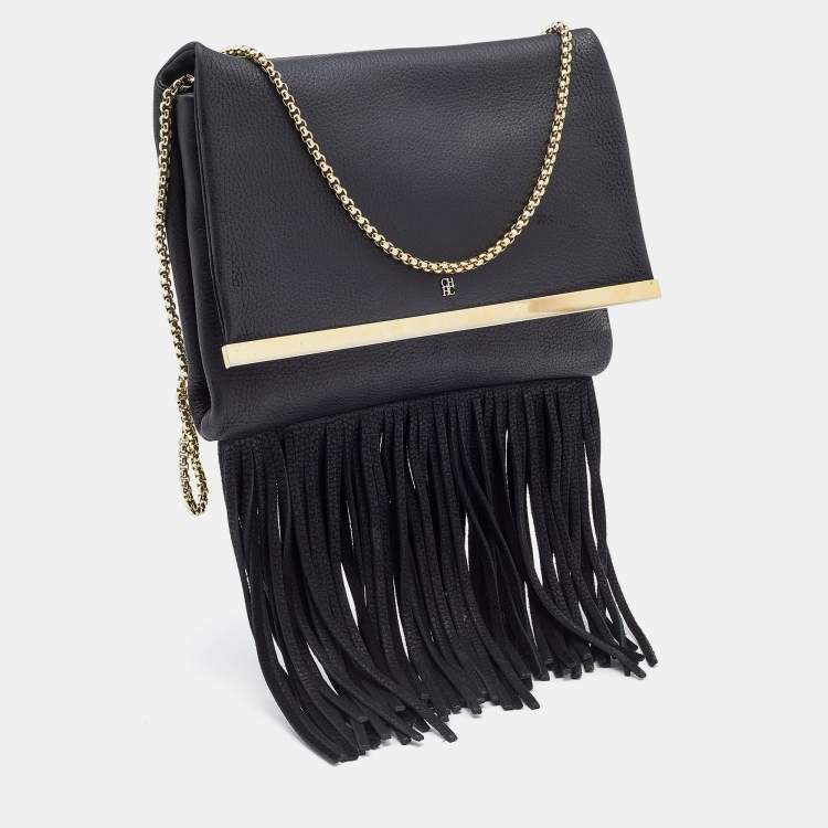 مملوكة مسبقًا CH Carolina Herrera Black Leather Fringe Chain Shoulder Bag