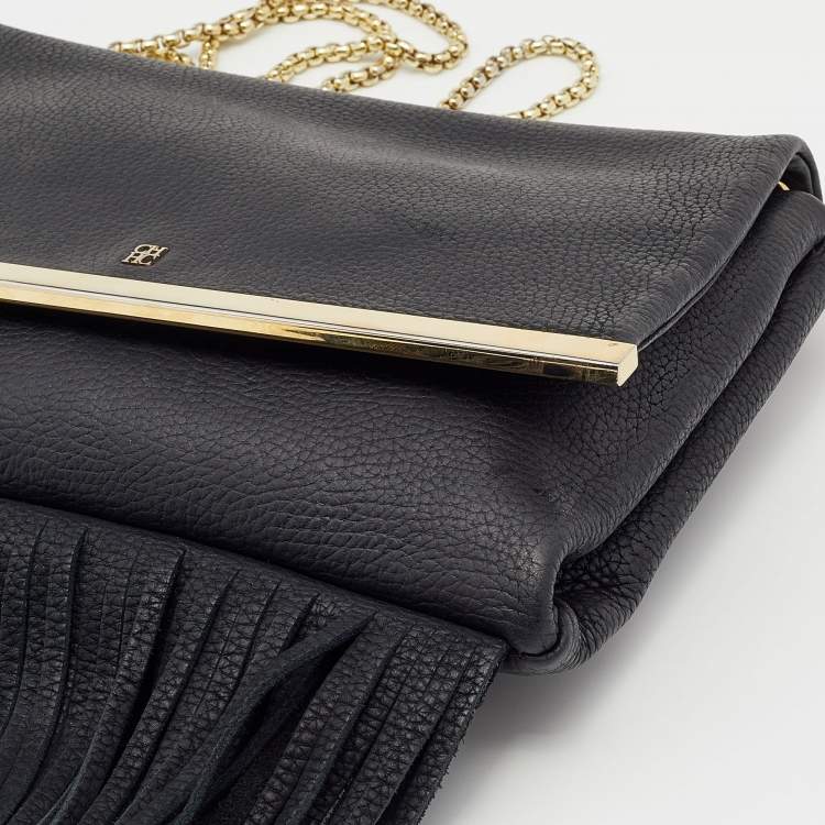 مملوكة مسبقًا CH Carolina Herrera Black Leather Fringe Chain Shoulder Bag