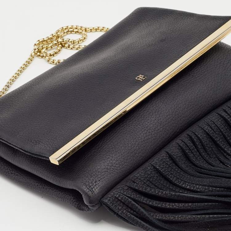 مملوكة مسبقًا CH Carolina Herrera Black Leather Fringe Chain Shoulder Bag