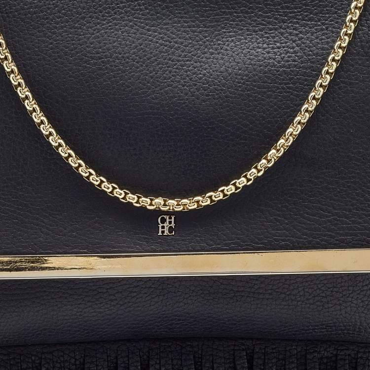 مملوكة مسبقًا CH Carolina Herrera Black Leather Fringe Chain Shoulder Bag