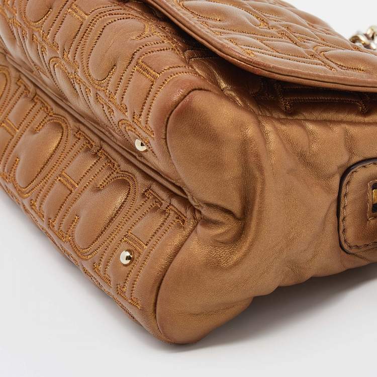 Pre Owned CH Carolina Herrera Metallic Gold Leather Monogram Quilted Flap Shoulder Bag