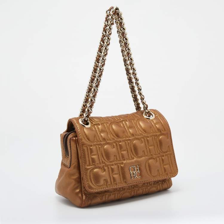 Pre Owned CH Carolina Herrera Metallic Gold Leather Monogram Quilted Flap Shoulder Bag